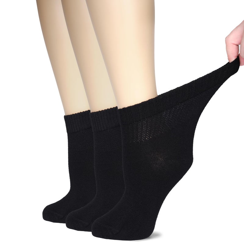 Hugh Ugoli Women's Rayon Ankle Loose Fit Diabetic Socks, Soft, Seamless Toe, Wide Stretchy, Non-Binding Top, 3 Pairs, Black, Shoe Size: 10-12 - Image 1